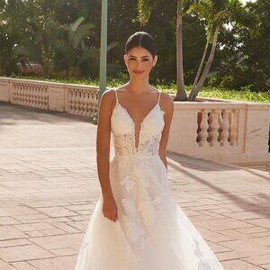 New A-Line Off White Midi Dress w/ Floral Lace & Plunging Neckline JT JE102